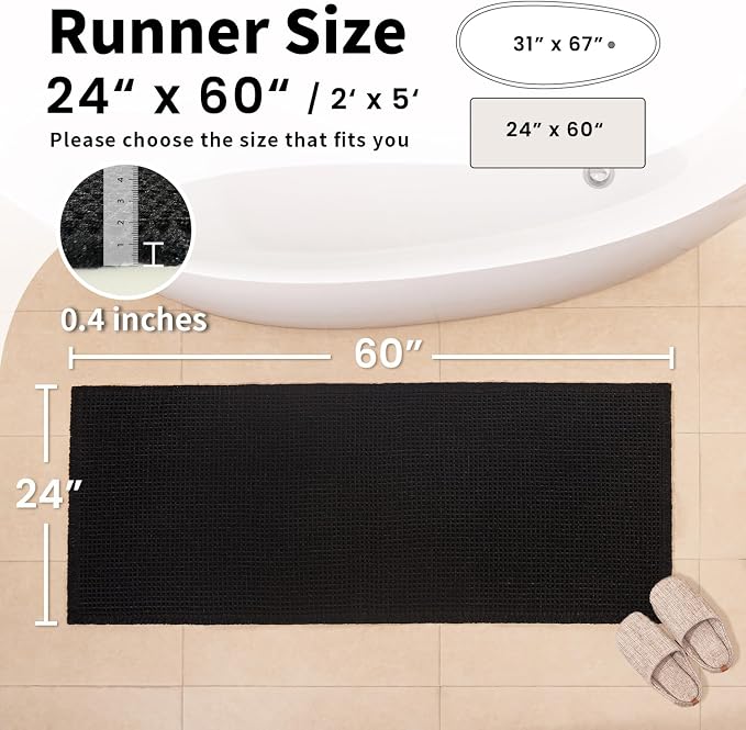 Long Black Bathroom Rug, Waffle Bath Mat Runner Non Slip, 24 x 60 | Super Absorbent, Quick Dry Bath Runner, Soft Washable Waffle Weave, Boho Farmhouse Decor in Black for Sink or Tub