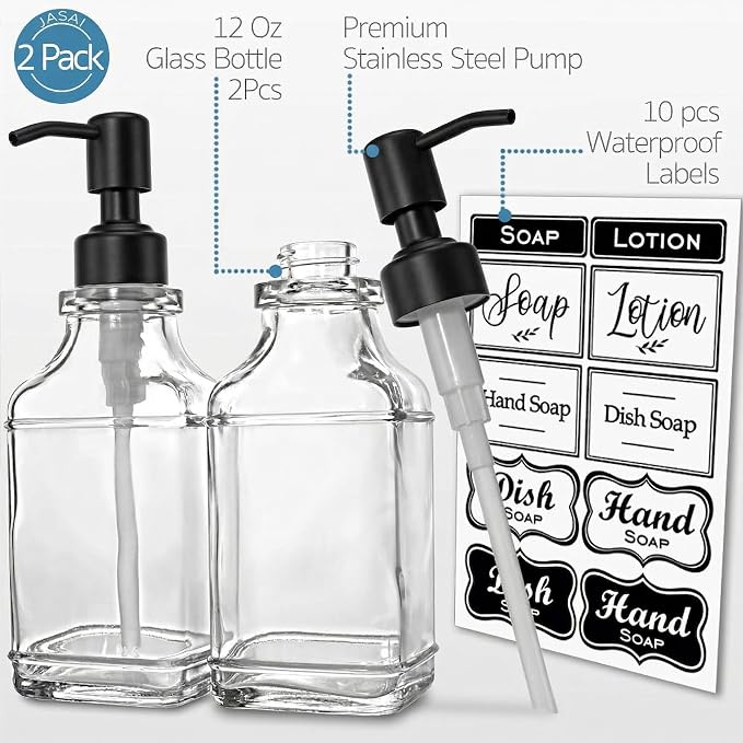 JASAI 2Pack Hand & Dish Glass Soap Dispenser with Black Rust Proof Pump | Refillable Dish Soap Dispenser with Sturdy 304 Stainless Steel Pump Pump for Kitchen and Bathroom.