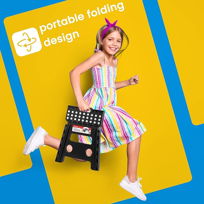 13 Inch Folding Step Stool, Non-Slip Surface for Adults/Kids, Black | Collapsible Heavy Duty Foldable Stools, Portable Foot Stepping Stool Holds 300 lb, Kitchen Bathroom Outdoor, with Handle