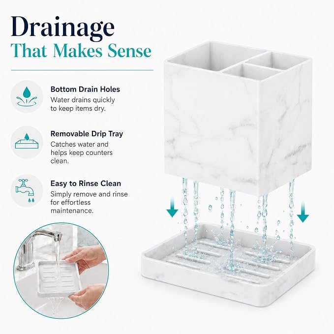 Silicone Toothbrush Holders for Bathrooms with Drainage Tray, White Marble | 3 Slots Unbreakable Countertop Electric Tooth Brush and Toothpaste Holder Organizer Stand, Marble Bathroom Accessories Decor