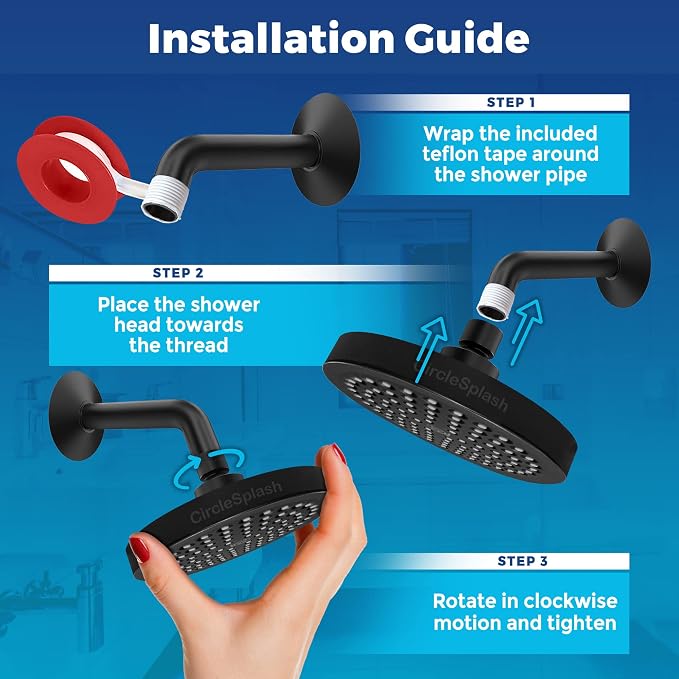 Shower Head - High Pressure 2.5 GPM - Matte Black | Anti-clog silicone nozzles, removable restrictor, easy-clean fixed replacement