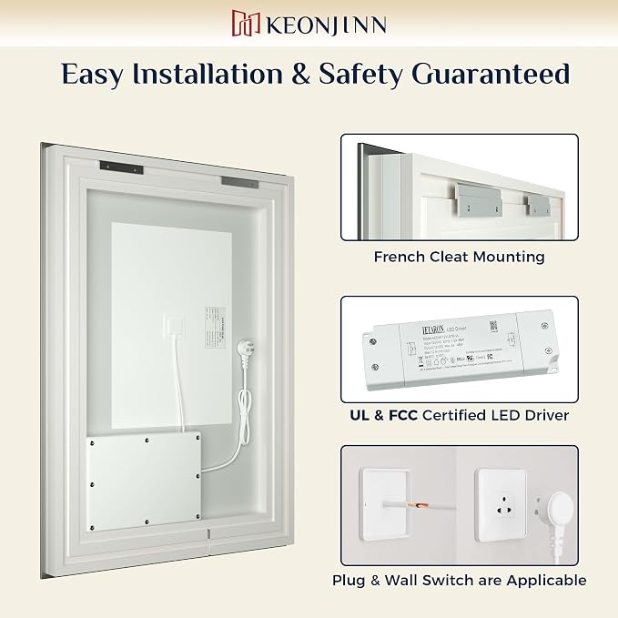 Keonjinn 30x36 Inch LED Bathroom Mirror with Lights, 3-Color Temperature | HD Tempered Grass, Frontlit & Backlit & Stepless Dimmable Lighting, Fast & Safe Defogging, Effortless Installation