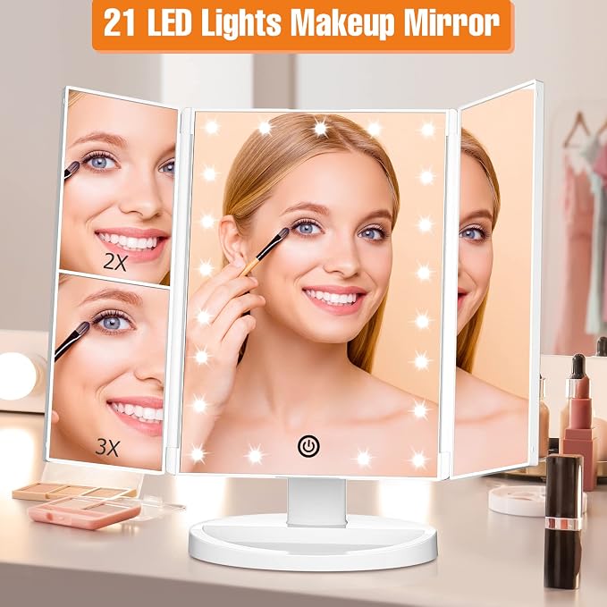Trifold Vanity Mirror with Lights, Make up Mirror with Lighting | Lighted Makeup Mirror 2X/3X Magnification, 21 LED Touch Dimming, Dual Power 180° Rotation Lit Beauty Table Mirror