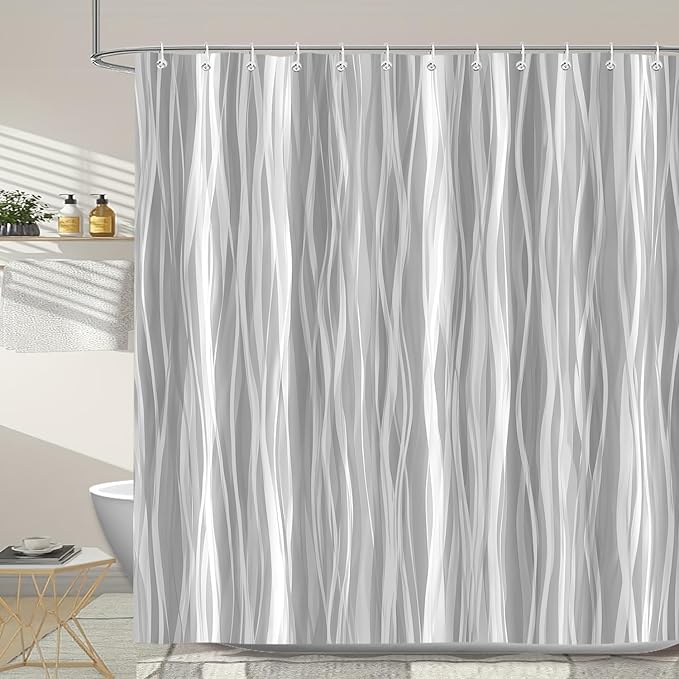 Moonslim Grey Ombre Shower Curtain, Modern Wavy Abstract Gray Striped Line Bathroom Curtain, Waterproof Fabric Bath Decor, 72 x 78 Inch