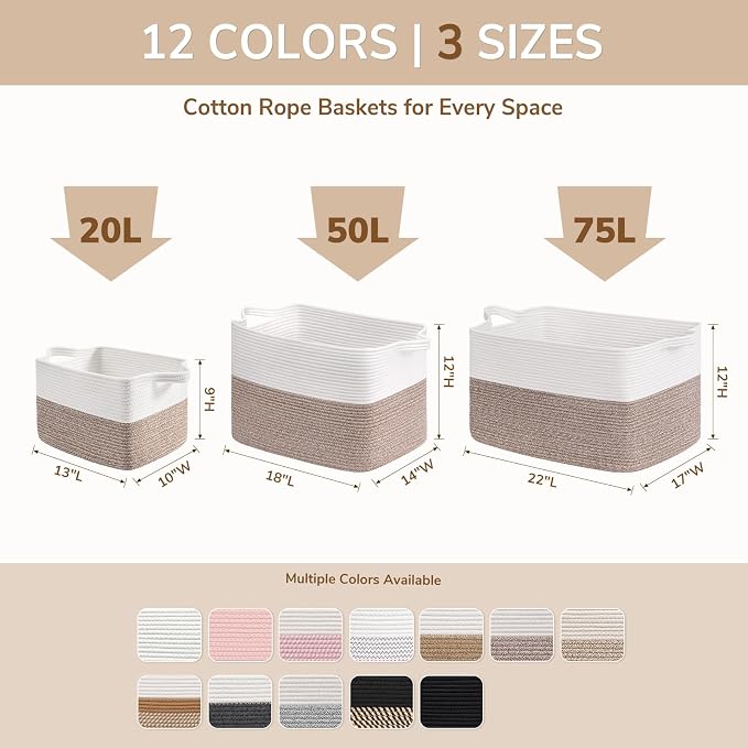 Goodpick Extra Large Rectangle Cotton Rope Storage Basket, Brown | 75L, 22 × 17 × 12 in, Reinforced Handles, Blankets, Pillows & Clothes Storage, Living Room, Bedroom & Nursery Organization