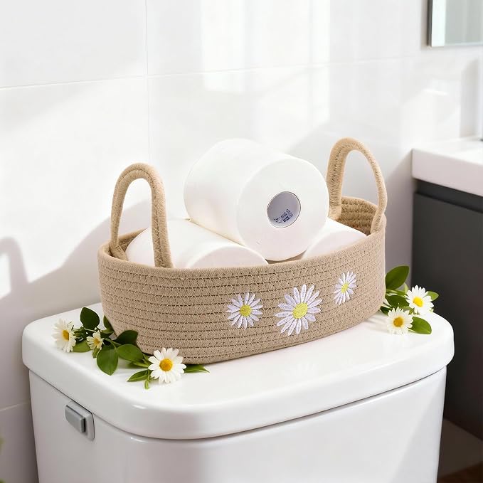 Vesici Daisy Toilet Basket Woven Cotton Rope Bathroom Organizer | Beige Daisy Bathroom Decor, Countertop Organizer with Handle, Nursery Closet Storage, 13 x 6 x 4 Inch