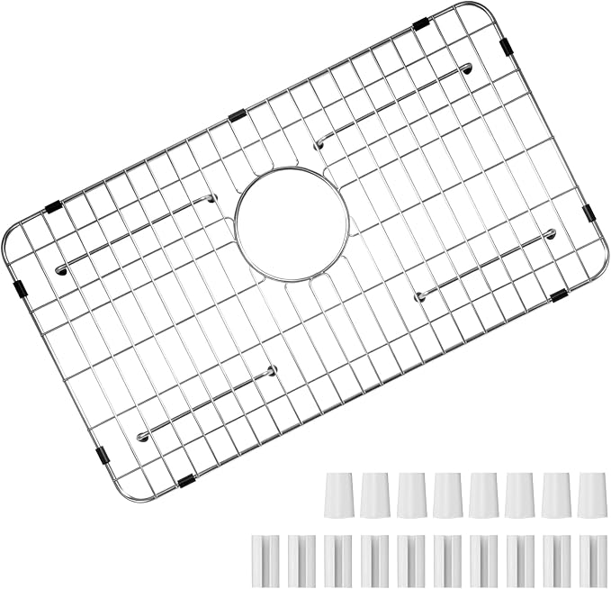 GUUKIN Sink Protectors for Kitchen Sink, 26" x 14" Stainless Steel Sink Protector with Rear Drain Hole, Sink Rack with Extra Replacement White Rubber Feet