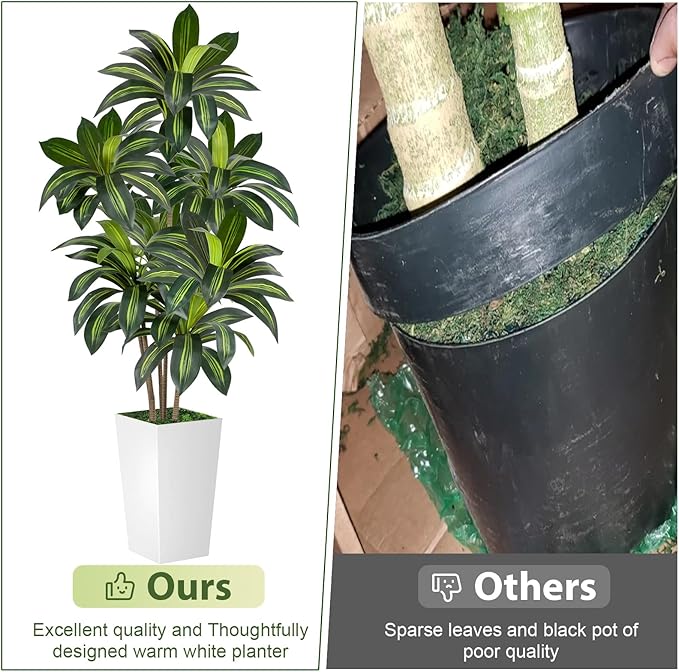VIVATREES Dracaena Tree 6FT Artificial, 72in Tall Faux Dracaena Tree with 15.7 White Planter, Fake Potted Tree for Indoor & Outdoor Home Office Decor