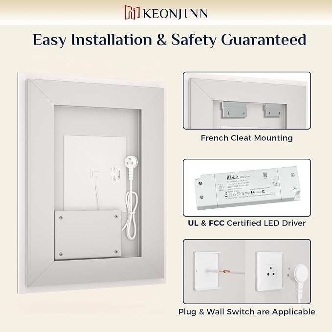 Keonjinn 72x36 Inch LED Bathroom Mirror with Lights, Frontlit & Backlit | HD Tempered Grass, 3-Color Temperature & Stepless Dimmable Lighting, Fast & Safe Defogging, Effortless Installation