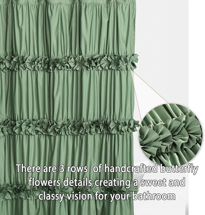 Light Green Ruffle Shower Curtain 72“ W x 84” H | Vintage Handcrafted Bow Tie Bath Curtain for Master Bathroom, Ruched Microfiber Bathroom Curtain with 12 Buttonholes (LQ-10)