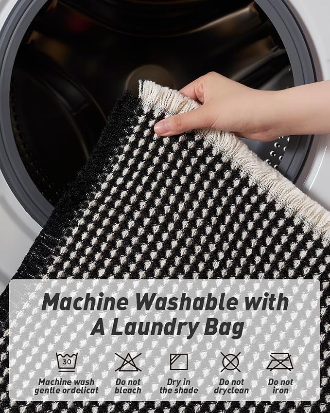 AMOAMI Upgraded Waffle Bath Mat, Super Absorbent Non Slip Bath Mats for Bathroom Floor, Machine Washable Bathroom Rugs with Tassels, Rubber Backed Bathroom Mats, Ultra Soft, 18" x 30",Black & Cream
