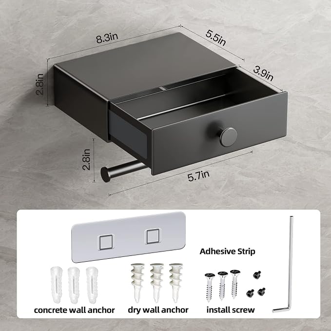 VOLDRA Toilet Paper Holder with Shelf Gray Wipes Dispenser for Bathroom Toilet Paper Holder with Storage Upgrade Drawer Design Toilet Tissue Holder Adhesive Small Bathroom Shelf Wall Mount