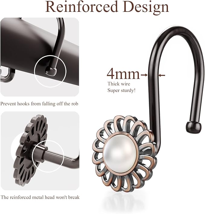 Oil Rubbed Bronze Sunflower Shower Curtain Hooks, 12Pcs Rustproof | Vintage pearl inlaid sunflower, anti-fall, smooth glide, rustproof, easy install, fits farmhouse curtain & liner for Bathroom