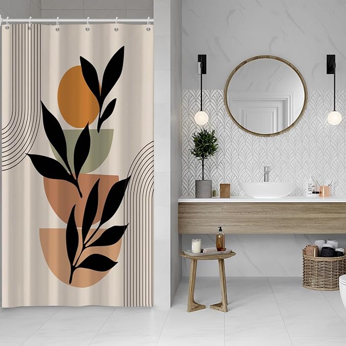 Boho Beige Stall Shower Curtain with Hooks 48x72 Inch | Waterproof Abstract Black Arch Leaves Small Bathroom Curtain for Shower Stall, Machine Washable