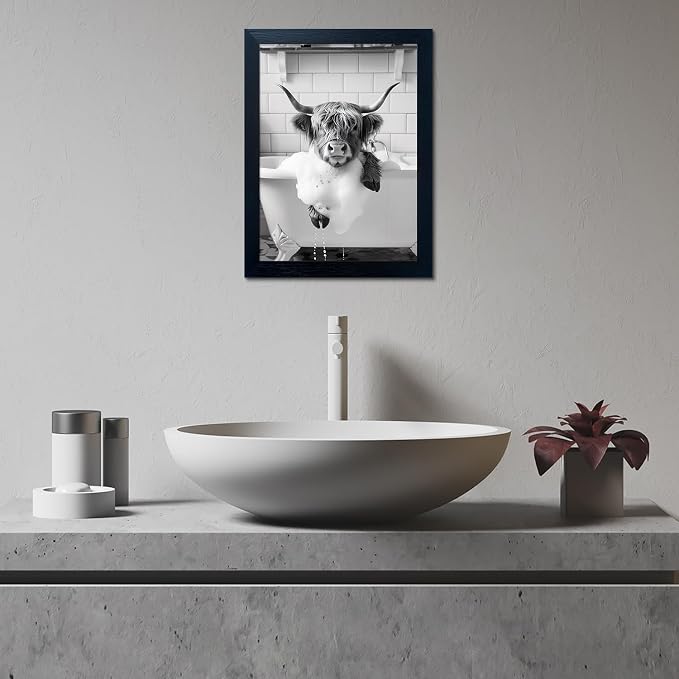 Black and White Bathroom Decor Framed Highland Cow Wall Art Funny Cow Pictures Canvas Print Bathroom Picture Artwork