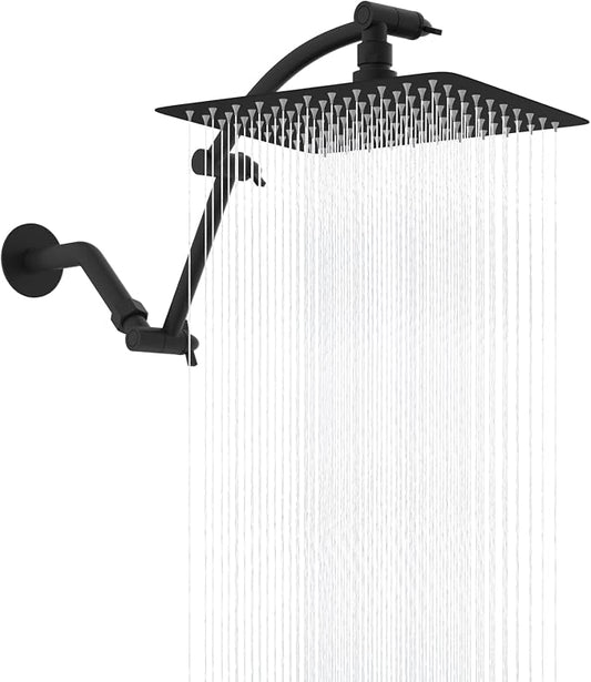 Hibbent All Metal 10'' Rain Shower Head, 16'' Extension Arm, Matte Black | cUPC Certified High Pressure Rainfall Showerhead with Solid Brass Adjustable Shower Head Extension Arm, Fixed Showerheads