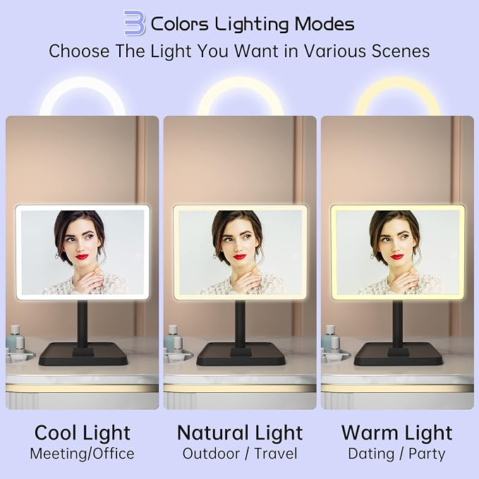 FUNTOUCH 4500mAh Large Makeup Vanity Mirror with Lights & 96 LED,Black | Rechargeable Lighted Makeup Mirror with 10x Magnifying Mirror,3 Color Lighting 360°Rotation Touch Dimmable with Phone Holder