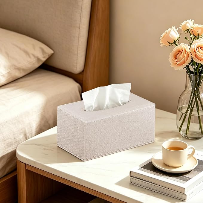 Linen Tissue Box Cover Rectangle,Leather Aesthetic Facial Tissue Box Holder | Modern Facial Paper Napkin Dispenser Organizer,Decorative Tissue Cover for Bathroom Vanity,NightStand Coffee Table,Home,Hotel