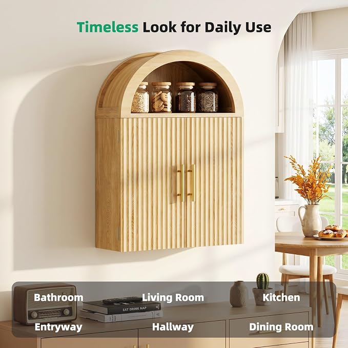 Kalrin Arched Wall Cabinet, Large Wood Bathroom Cabinet Wall Mounted Cupboard, Modern Floating Storage Cabinet with Door Adjustable Shelf, Wood Organizer Light Oak