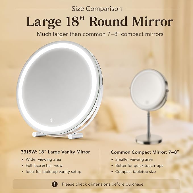 ROLOVE 18 Inch Makeup Mirror with Lights, Large Round Vanity Mirror for Tabletop Desk, Smart Touch Dimmable LED, 360° Rotation, White, Gifts for Women, Wife, Mom, Girls