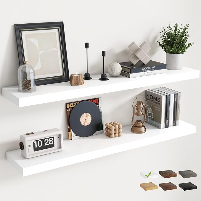 48 Inch Floating Shelves for Wall 2 Pack, 8"D Wood Grain Bathroom Shelves | Invisible Brackets, White Finish, Easy Install | Engineered Wood Storage Shelves for Kitchen, Study, Bedroom