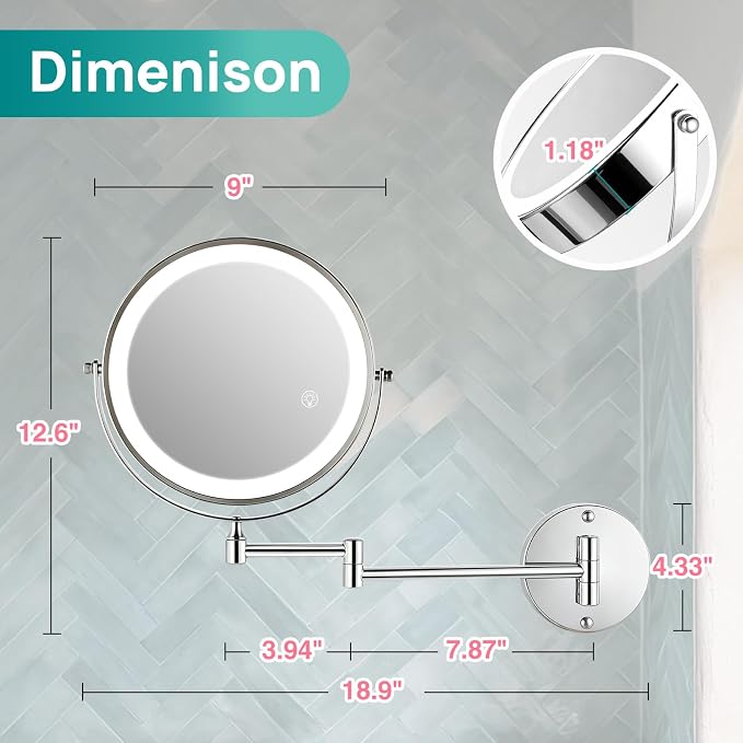 Wall Mounted Lighted Makeup Mirror: Double Sided 1X/30X Magnifying Mirror | 3000mAh Rechargeable Makeup Mirror with Light for Bathroom, 3 Color Lighting, Touch Screen Dimming, Extended Arm 360 Rotation