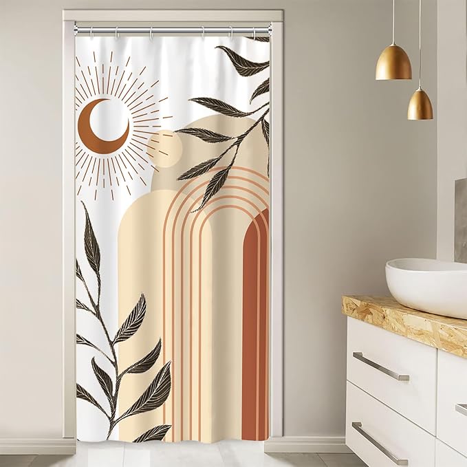 Boho Moon Stall Shower Curtain with Hooks 36x72 Inch | Waterproof Small Narrow Terracotta and Beige Bathroom Curtain for Shower Stall, Machine Washable
