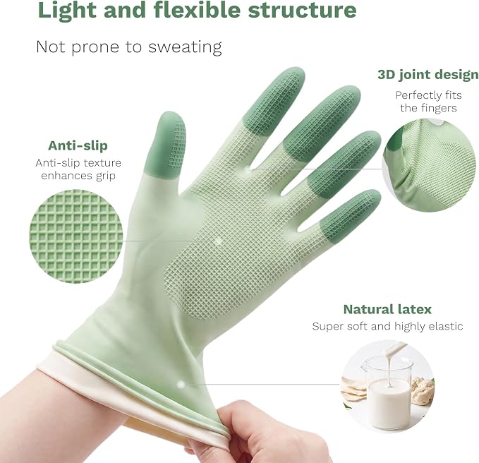 Dishwashing Gloves, Reusable Rubber, Non-Slip Grip, 3 Pair | Waterproof and gentle on the skin, with textured palms. Breathable lining for kitchen, bathroom, and household chores.