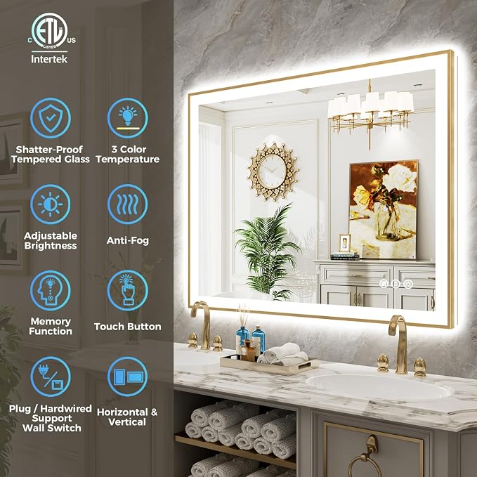 48x40 LED Bathroom Mirror with Lights, Gold Framed Lighted Mirror | Backlit and Front light, Anti-Fog, 3 Color Dimmable, Memory, Tempered Glass, IP54 Waterproof, UL Listed
