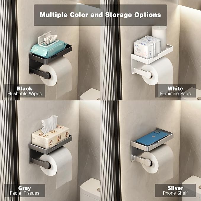 VOLDRA Toilet Paper Holder with Phone Shelf, Self-Adhesive or Screw Toilet Tissue Roll Holder Wall Mount, Rustproof & Multifunctional Bathroom Toilet Paper Holder Storage Dispenser(White)
