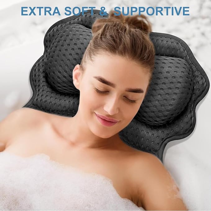 SetSail Bath Pillow, Bath Pillows for Tub Neck and Back Support, Black | Soft 4D Breathable Air Mesh Ergonomic Bathtub Pillow with 6 Strong Suction Cups and Hook Luxury Bathroom Accessories