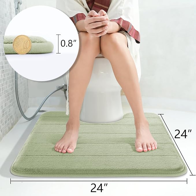 Yimobra Memory Foam Toilet Bath Mat U-Shaped, Soft and Comfortable, Super Water Absorption, Non-Slip, Thick, Machine Wash & Easier to Dry for Bathroom Commode Contour Rug, 24 X 24 Inches, Sage Green