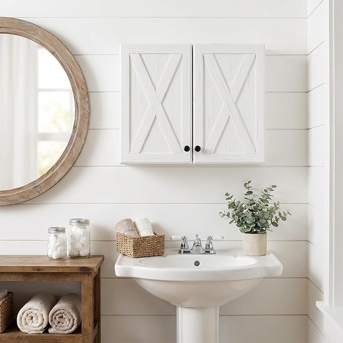 24" W Laundry Room Wall Cabinets, Farmhouse Wall Cabinet with Adjustable Shelf, Wood Kitchen Wall Cabinet, Floating Cabinet for Bathroom, Kitchen, Off White