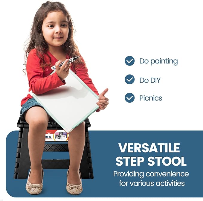 9 Inch Folding Step Stool 300 LB Capacity Non Slip Foot Stool with Handle Plastic Foldable Step Stools for Kids Stepping Stool for Bathroom Black Small Step Stool (1 PC Black) | Heavy Duty Foldable Stools, Lightweight, Holds 300 lb, for Toddler Kitchen...