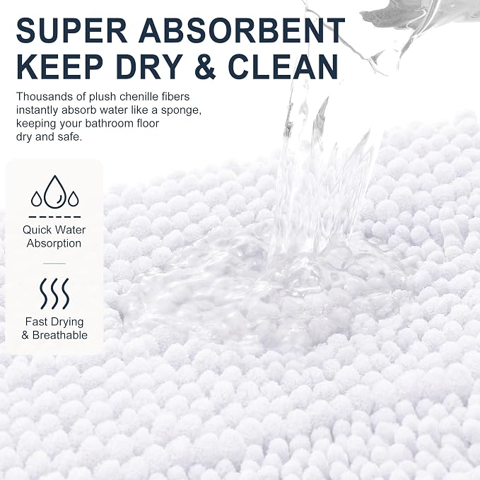 Smiry Thick Chenille Bathroom Runner Rugs 59x20, Absorbent Bath Mat, White | Quick‑Dry & Machine Washable, Non‑Slip Bath Carpet, Soft Striped Bath Rugs for Tub & Shower, Modern Home Decor Accessories