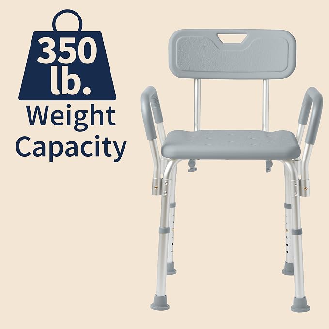 Dr. Dunley Bath Chair for Seniors, Shower Seat with Back, Suction Feet, Non-Slip Adjustable Height Shower Bench for Elderly, 350lb Weight Capacity