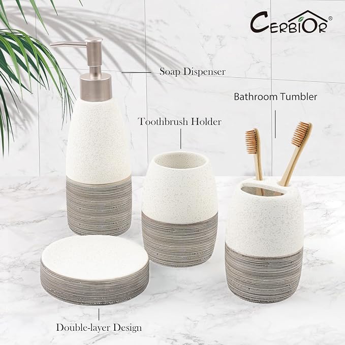 CERBIOR Bathroom Accessories Set,4 PCS Ceramic Bath Accessory,Grey White | Includes Toothbrush Holder, Toothbrush Cup, Soap Dish for Decorative Countertop and Housewarming Gift