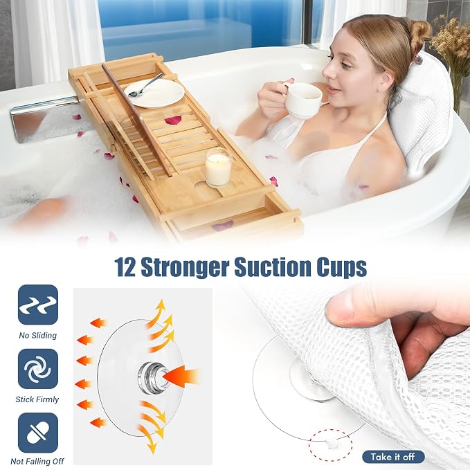 Full Body Bath Pillows for Tub Luxury Bathtub Pillow Cushion for Head,Shoulder,Back&Lumbar Support Thick Tub Pillow for Bathtub for Women Soft 5D Air Mesh Mat 12 Non-Slip Power Suction Cups (White)