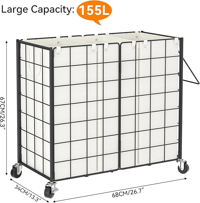 WOWLIVE Laundry Basket 3 Section with Wheels, Metal Rolling Laundry Hamper | Wire Frame Dirty Laundry Organizer with Removable Bags, 150L Clothes Hamper for Dorm Room Storage, College, Black and White