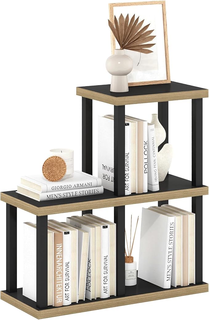 Furinno TURN-N-TUBE Ladder Storage Shelves, 3-Cube Book Shelf, Accent Display Shelf, Toolless Open Shelves, Square Tubes, for Organization and Storage, Living Room, Garage, Home Office, Dark Americano