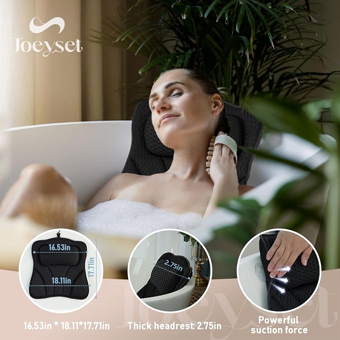Bath Pillows for Tub Head Neck Back Support, Bathtub Pillow 4D Breathable Air Mesh, Spa Relaxing Gifts for Women, Luxury Bathing Accessories with 6 Suction Cups and Hook(Black)