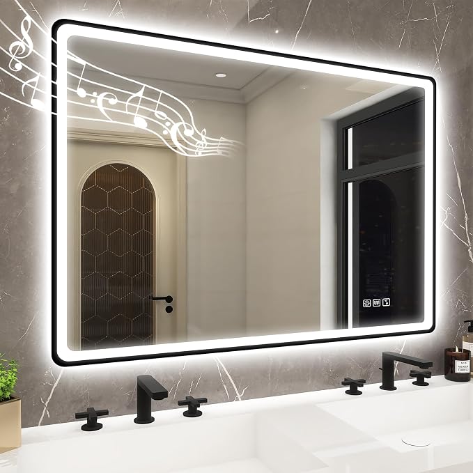 STARLEAD 40"x28" Black Frameless LED Bathroom Mirror with Bluetooth Speaker, 3 Color Temperature, Stepless Dimming, Anti-Fog, Touch Control, Wall-Mounted Vanity Mirror, Vertical or Horizontal