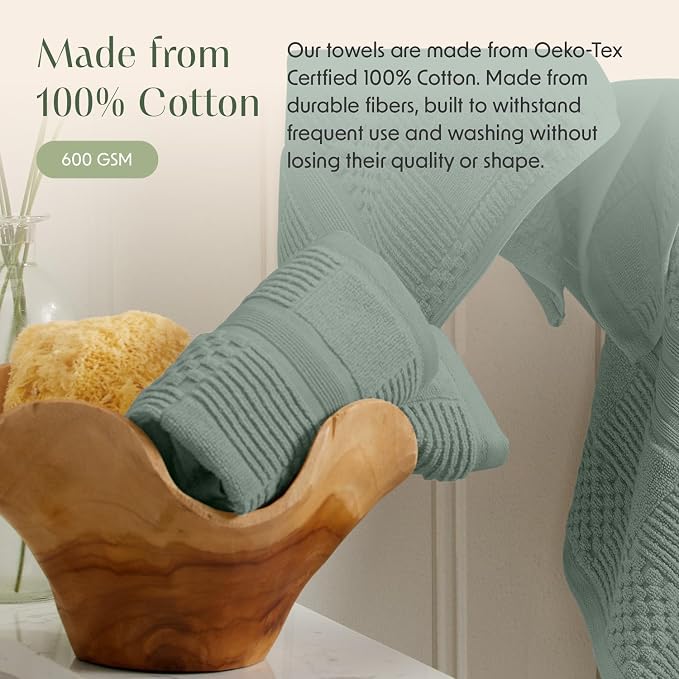 100% Cotton Bath Towel Set | 6-Piece Set | Textured | Green | Luxury Geometric Design | Absorbent & Quick-Dry Bathroom Towels | Textured and Durable Cotton Towels for Bathroom | OEKO-TEX