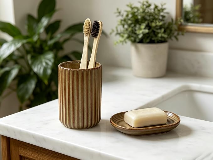 Stoneware Toothbrush Holder for Bathroom Tooth Brush Holder for Bathroom Toothbrush Cup Toothbrush Holders Cute Fluted Vertical Ribbed Stripe (Rustic Brown)