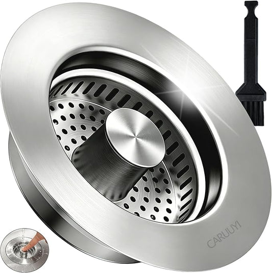 Kitchen Sink Drain Strainer for 3-1/2 Inch Drain Hole, 3-in-1 304 Stainless Steel Pop-Up Sink Strainer and Stopper with Anti-Clog Filter Basket & Food Catcher (Silver, 1 Pack)