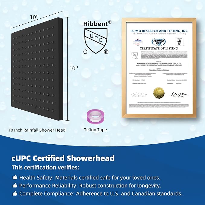 Hibbent cUPC Certified High Pressure 10'' Rain Shower Head, Matte Black | Metal Square Bathroom Waterfall Thickness Shower Heads, High-flow Fixed Rainfall Showerheads, Adjustable Brass Ball Joint