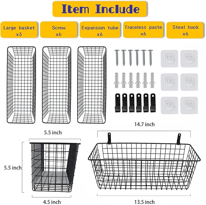 Joben Oligey 3 Set [Extra Large] Hanging Wall Baskets ,Wire Basket For Storage Pantry, Farmhouse Food Storage Kitchen Pantry Laundry Closet Garage RV ,Black