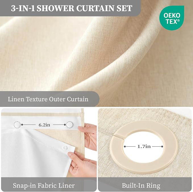 54x81 Ringless Linen Textured Shower Curtain with Snap in Liner, Cream | Narrow Long Size, 3 in 1 Shower Curtain, Removable Liner, Waterproof & Washable, Mesh Top Window, Durable Fabric, Easy Setup