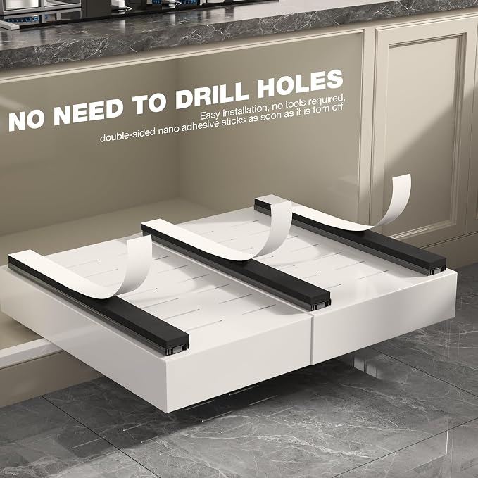 Seinloes 2 Pack Pull Out Cabinet Organizer 19" Deep,Full Extension 3 Slide Rails Slide Out Drawers With Raising Pad for Framed Cabinets,Expandable Width (12.3"-20.5"),No Drill Roll Out shelf,White
