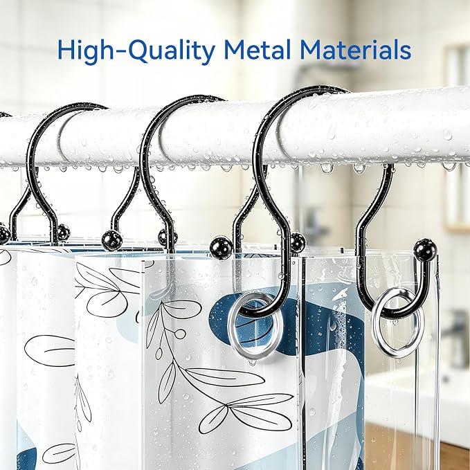OEH Shower Curtain Hooks, 12 Pcs Minimalist Shower Curtain Rings, Metal Shower Curtain Hangers, Double Hook Black Shower Curtain Hooks Rust Proof, Glide Smoothly Shower Hooks for Shower Curtain, Black